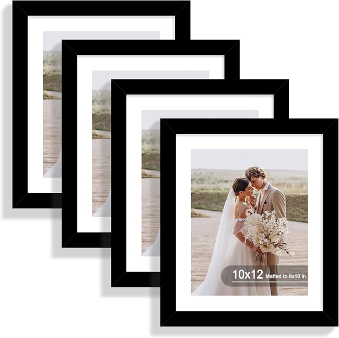 10x12 Picture Frame Set of 4, Made of Real Glass and Black Frame - Display Picture 8x10 with Mat or 10x12 Without Mat, 10 by 12 Photo for Wall Mounting