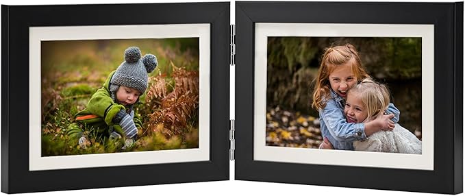 Double Hinged 5x7 Picture Frame with Tempered Glass-Tabletop or Wall Mounted, Display for 4x6 & 5x7 Photos (with/without Mat)-Classic Black, For Family Photos & Wedding Memories-H75X2