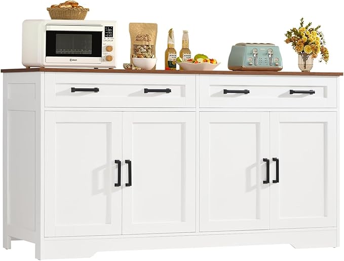 usikey Buffet Cabinet with Storage and Drawers, 55" Large Sideboard Buffet Cabinet with Adjustable Shelves and Doors, Modern Coffee Bar for Kitchen, Living Room, White