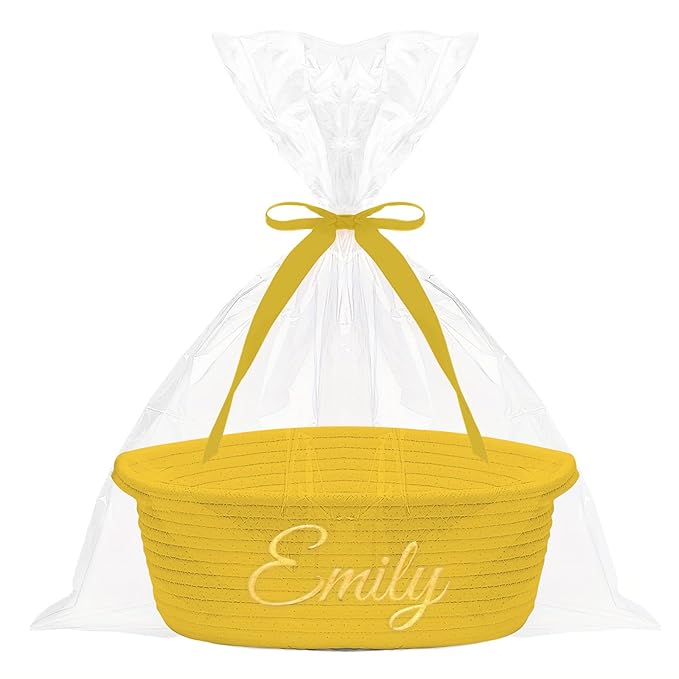 HUTARIO Personalized Yellow Basket Embroidered Name with Gift Bags and Ribbons,Small Rope Woven Baske Empty，Durable Storage Custom Basket with Handles for Baby Showers or Birthday,12"×8"×5"