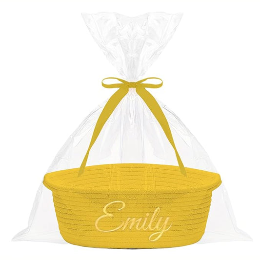 HUTARIO Personalized Yellow Basket Embroidered Name with Gift Bags and Ribbons,Small Rope Woven Baske Empty，Durable Storage Custom Basket with Handles for Baby Showers or Birthday,12"×8"×5"