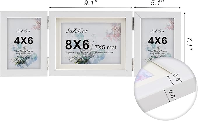 Hinged Tri-Fold 4x6 & 6x8 Picture Frame with Tempered Glass-Tabletop or Wall Mounted Display for Two 4x6 & One 5x7/6x8 Photos (with/without Mat)-Matte White-B467546