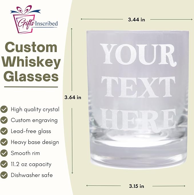 Gifts Inscribed Custom Text Whiskey Decanter & Glasses Set of 2 – Engraved Glass Cups Drinking Glasses Set of 2 – Personalized Whiskey Drinking Set – Customized Whisky Glassware Gift for Him