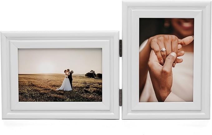 Horizontal & Verticall 4X6 Picture Frames Double Hinged Wood Folding Photo Frames with Real Glass Front Fit for Desktop or Tabletop, White XBAI-H64-V46