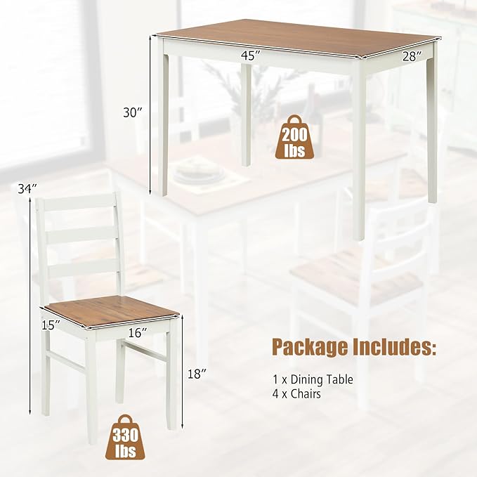 Tangkula Dining Table Set for 4, Solid Wood, Farmhouse Dinette Set w/Rubber Wood Legs, Mid-Century Modern, Compact Dining Table and Chairs Set for Kitchen, Dining Room (Brown+White)