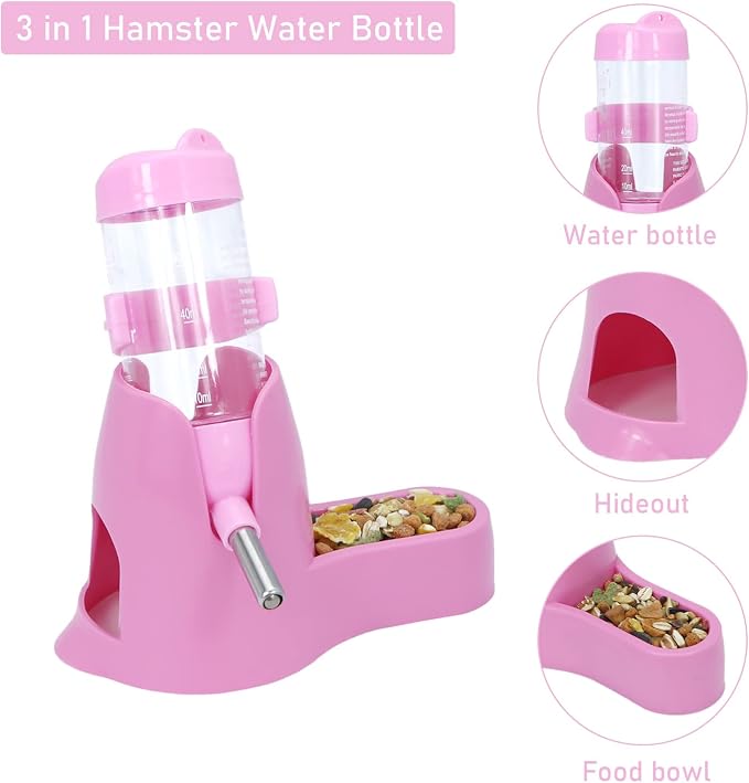 Wontee 3 in 1 Hamster Water Bottle with Food Bowl Hideout Base, 80ML, Pink | Water dispenser, food container, hideout, stable base, easy to refill, for glass tank/cage, dwarf hamster/mouse/gerbil, 2.7oz