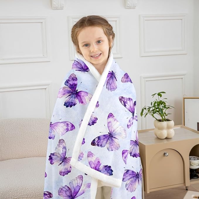 Feelyou Girls Purple Butterfly Fleece Throw Blanket 40"x50" Kids Watercolor Sherpa Blanket Plush Fuzzy for Bed Couch Chair Living Room, Tie Dye Bed Blanket Room Decor