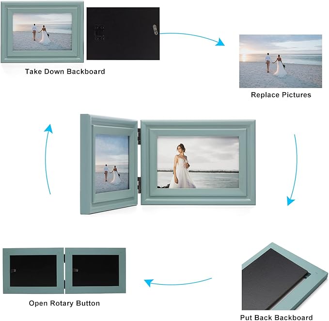 Horizontal 5X7 Picture Frames Double Hinged Wood Folding Photo Frames with Real Glass Front Fit for Desktop or Tabletop Display Pictures 4x6 with Mat or 5x7 Without Mat, Teal Blue XLAN-H75X2