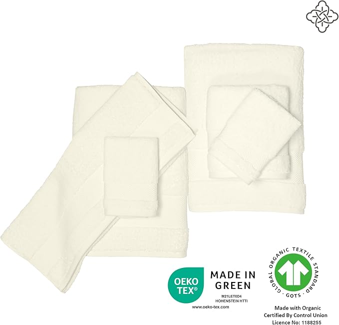 BIOWEAVES 100% Organic Cotton 700 GSM Plush 6-Piece Towel Set GOTS Certified, 2 Bath Towels, 2 Hand Towels & 2 Washcloths - Ivory