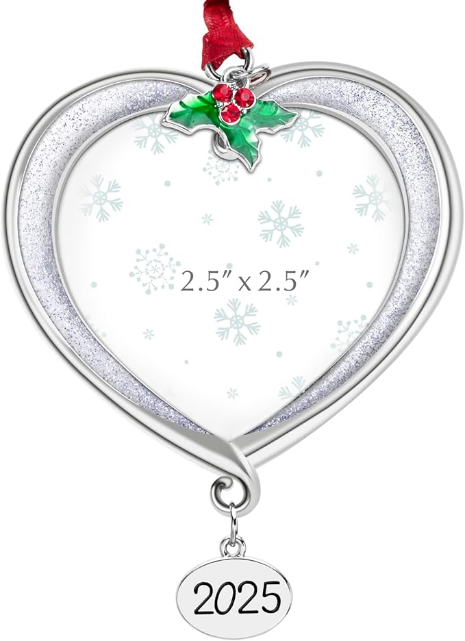 Christmas Tree Ornament Picture Frame Metal Hanging Pendant Holiday 2.5" Photo Frame Charm Decorative of Pets, Baby First Christmas, Family (2025 White)