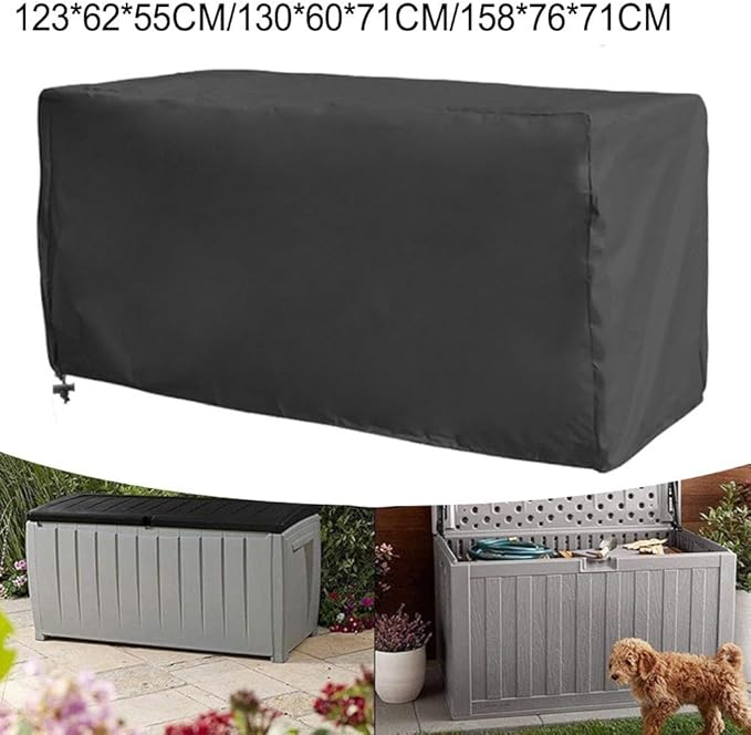 Outdoor Storage Box Cover 210D Oxford Waterproof Protector Adjustable Rope Buckle Weather Resistant Dust Snow Foldable Lightweight Fits Garden Patio Black (158×76×69cm)