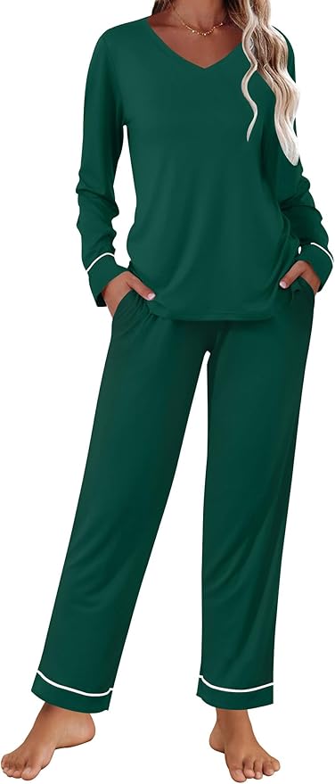 Ekouaer Womens 2 Pack Pajama Set Long Sleeve Pajamas Top and Pants V Neck Pjs Set Soft Loungewear with Pockets