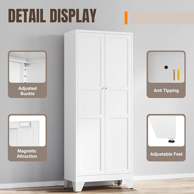 Yizosh Metal Pantry Cabinet, 75" Kitchen Pantry with 2 Door and 4 Adjustable Shelves,White Metal Pantry Storage Cabinet,Cupboard for Kitchen,Dining Room,Living Room and Bathroom