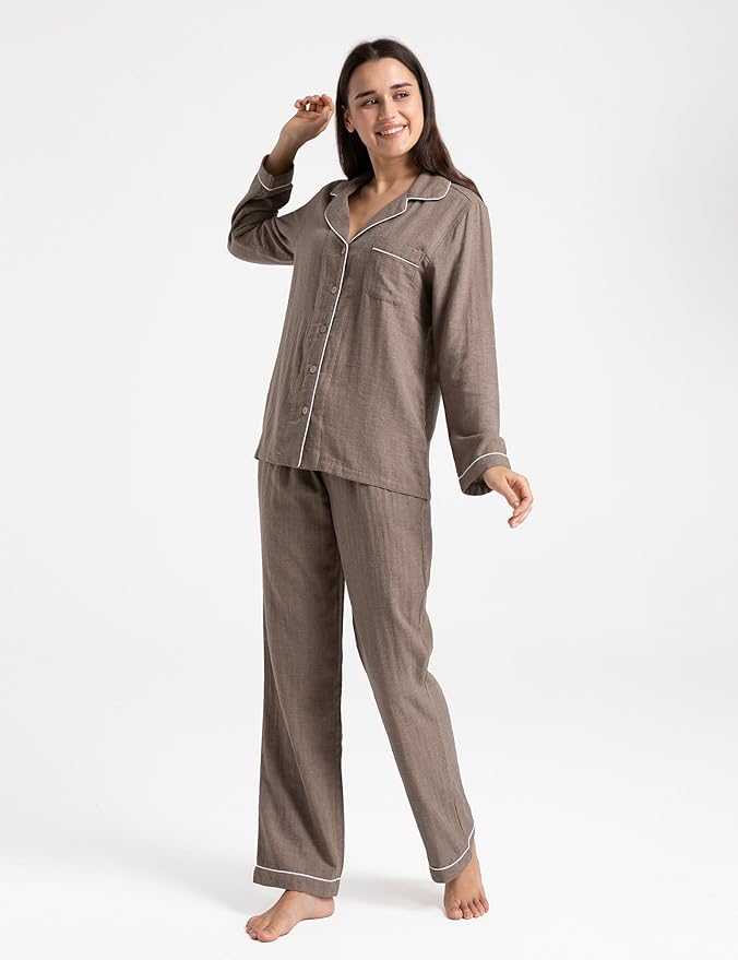Womens Pajama Sets 100% Double Gauze Cotton Linen Like Muslin Pajamas Long Sleeve Button Down Sleepwear Soft Pjs Lounge Set