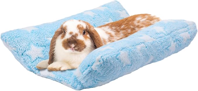 MEWTOGO 15.7" x 14" Bunny Bed for Rabbit Cage, Thickened & Soft | Prevent Sore Hocks Plush Mat with Cotton Lounger Pillows, Small Animal Flop Mat for Hutch Sleeping Indoor, Light Blue-Star