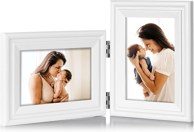 4x6 Double Hinged Picture Frame Folding Photo Frame Horizontal and Vertical in White Pine Wood with Real Glass for Tabletop X2-BAI-HS46