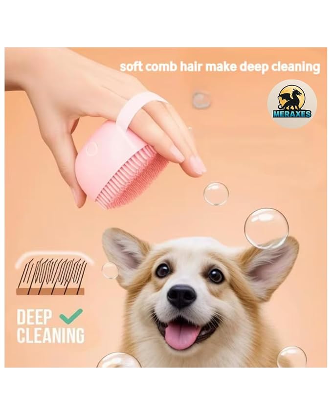 MERAXES Pet Grooming Bath Brush with Soap Dispenser – Soft Silicone Massage Bristles for Dogs & Cats, Gentle Deshedding & Deep Cleaning for Long or Short Hair – Pink