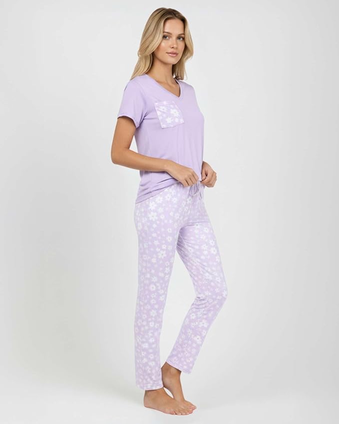 Real Essentials 2 Pack: Women's Comfy Pajama Sets - Short & Long Sleeve Ladies Loungewear Sleepwear PJs (Available In Plus)