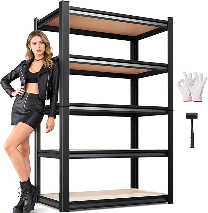 5-Tier Garage Shelving Heavy Duty Storage Shelves, Adjustable Shelving Unit, Utility Garage Organizer Shelf for Basement, Pantry, Kitchen, Warehouse,Supermarket, 31.5" Wx13.8 Dx71.2 H,Black