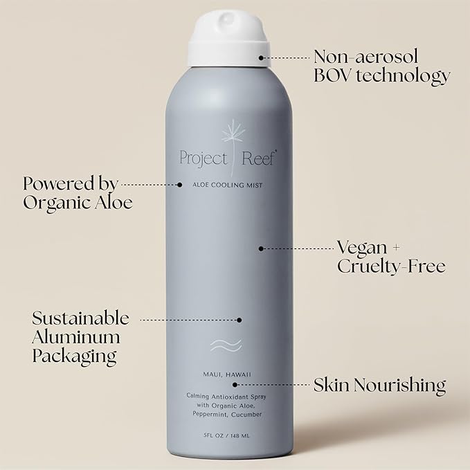 Project Reef Non-Aerosol Aloe Cooling Mist – Vegan, Ocean Friendly & Hydrating After-Sun Spray with Organic Aloe Vera, Peppermint & Cucumber – Natural Sunburn Relief & Daily Skin Refreshment, 5 fl oz
