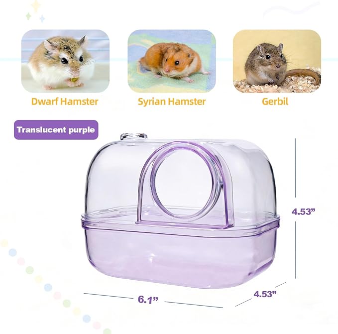 Polaroid-Style Hamster Sand Bath Container, Crystal Clear Acrylic Digging Box for Syrian Hamster & Dwarf Hamsters, 2-in-1 Sandbath Box & Hideout with Scoop (Purple)