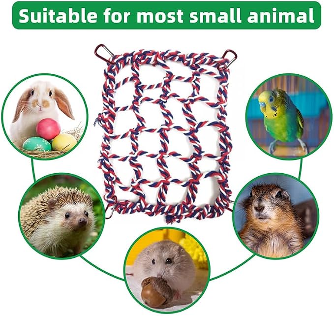 2 Pcs Cotton Rope Hammock & Bridge with 4 Hooks for Cage Accessories - Rat, Bird & Hamster (12.6 x 9.84 inch, Red)