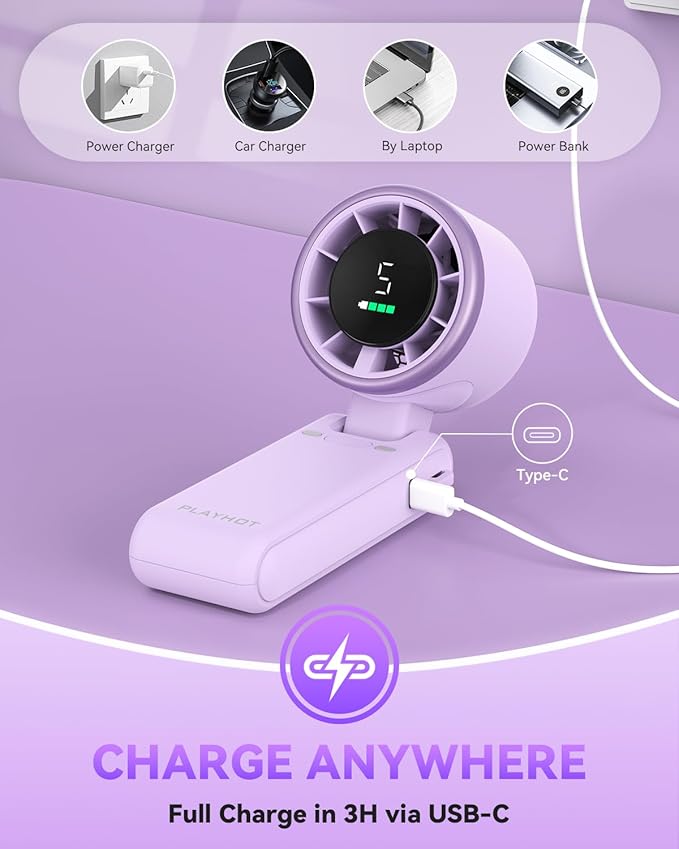 Portable Handheld Turbo Fan, 5-Speed Personal Fans, 5000mAh Rechargeable Fans Up to 12 Hours, Weight only 0.6lb Small Fan, Hand/Neck/Desk Fan 3 IN 1, Beach Vacation Essentials(Purple)