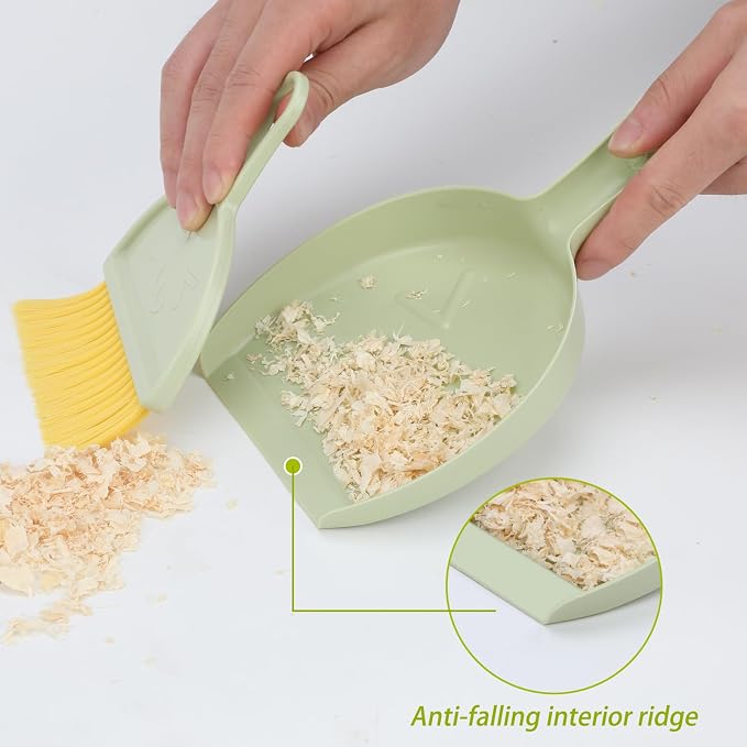 RYPET Mini Dustpan and Brush Set, Small Pet Cage Cleaner(Green) | Bunny Litter Box Brush, Fits Cage Corners, Hanging Hole Storage, Durable not Leak Ash