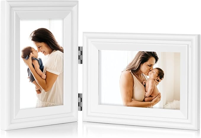 4x6 Double Hinged Picture Frame Folding Photo Frame Vertical and Horizontal in White Pine Wood with Real Glass for Tabletop X2-BAI-SH46