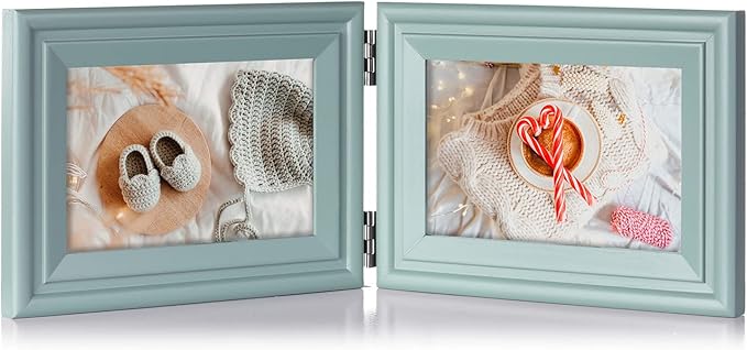 4x6 Double Horizontal Hinged Picture Frame Folding Photo Frame in Teal Blue Pine Wood with Real Glass for Tabletop X2-LAN-2H46
