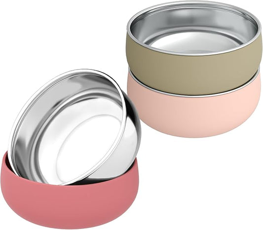 Bella's Friends Stainless Steel Baby Bowls with Silicone Sleeve 3 Pack, 4.3” for Toddlers Kids Feeding, Non-Slip, Non-Toxic, Mess-Free, Dishwasher Safe, Fit High Chair Size, Rose green Khaki