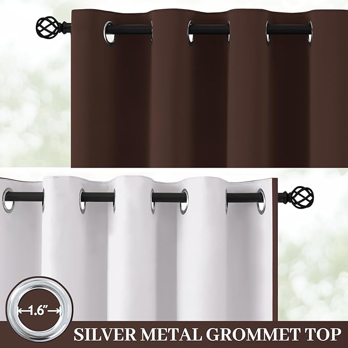 Yakamok 100% Blackout Curtain Panels 84 inches Cold and Light Blocking Drapes for Nursery, 2 Thick Layers Thermal Insulated Draperies (2 Pieces, 50 Wide Each Panel, Brown/White Backing)
