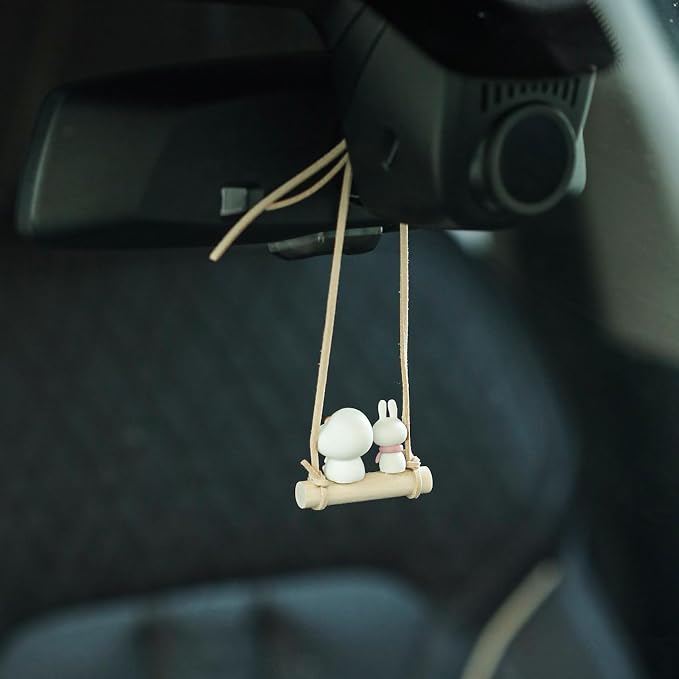 YGMONER Cute Swinging Chick & Bunny Car Rear View Mirror Hanging Accessories Funny Car Interior Decor Gifts for Women Men (Chick and Bunny)