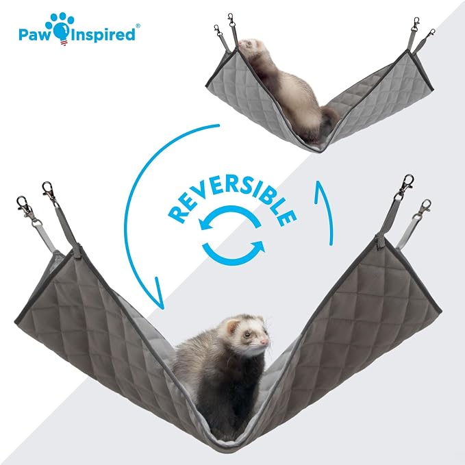 Paw Inspired Hanging Fleece Hammock for Small Animals, Gray/Light Gray | Hammock with Swivel Clips for Pet Cage for Ferrets, Rats, Chinchillas, Sugar Gliders, Hideout Toy for Guinea Pigs, Hamsters