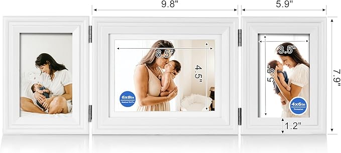3 Vertical Horizontal Hinged Wood Picture Frame 4x6 and 5x7 Triple Folding Photo Frame Home Decor with Real Glass Front in White for Tabletop, Display 4x6 with Mat or 5x7 without Mat