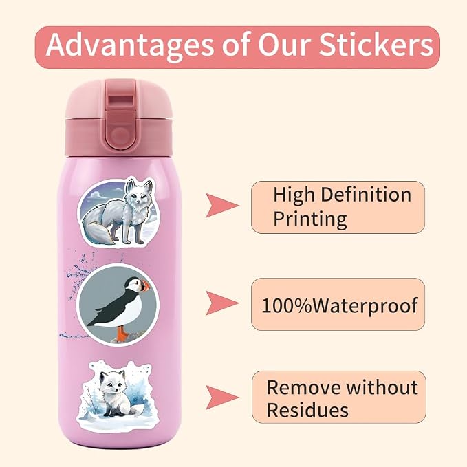 60Pcs Artic Animals Sticker, Cute Stickers for Kids Teens Adults, Vinyl Cartoon White Animals Decals Kawaii Sticker for Decor Water Bottles Laptops Guitar Scrapbook