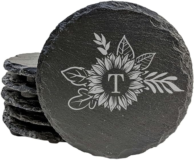 Personalized Monogram Family Coasters, Natural Stone Set, Birthday, Wedding, Customized, Rustic - Round Slate - Set of 8