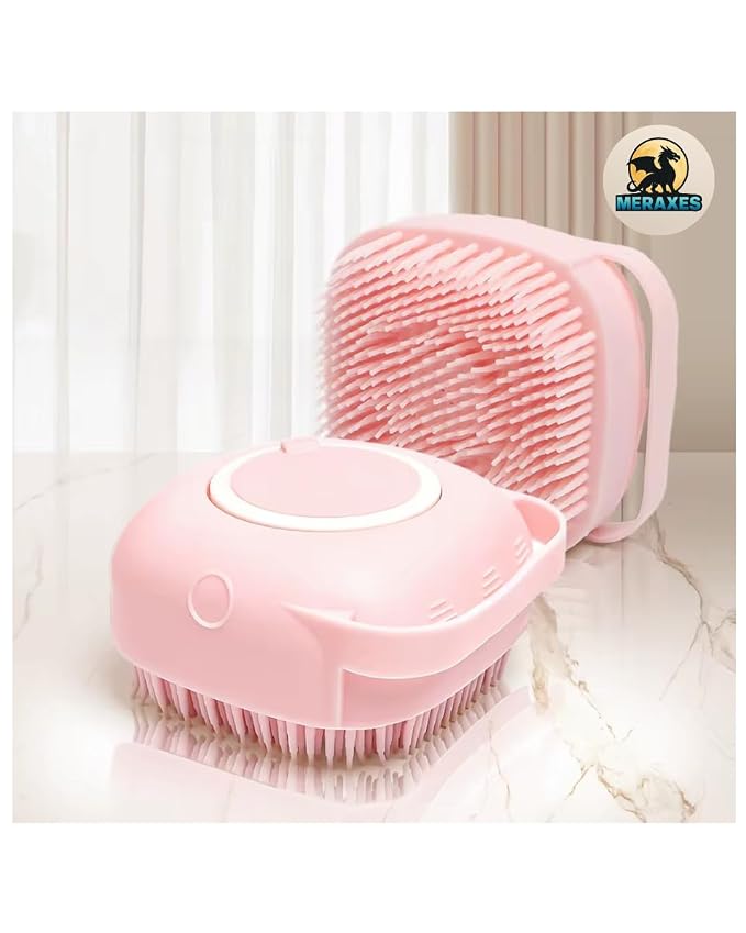 MERAXES Pet Grooming Bath Brush with Soap Dispenser – Soft Silicone Massage Bristles for Dogs & Cats, Gentle Deshedding & Deep Cleaning for Long or Short Hair – Pink
