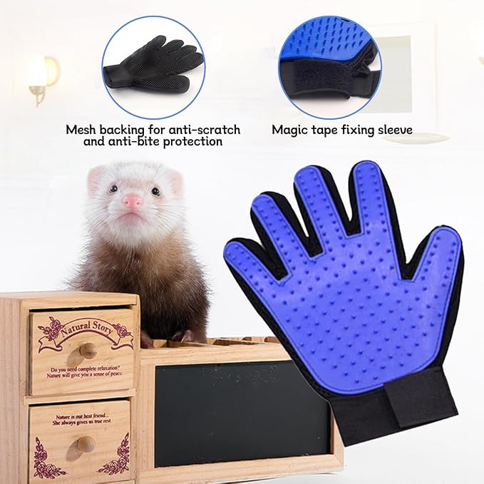 MANON ROSA Ferret Grooming Glove Brush 1 Pair - High-Efficiency Gentle Shedding, Reusable Pet Hair Remover Mittens for Bath Massage (Blue)