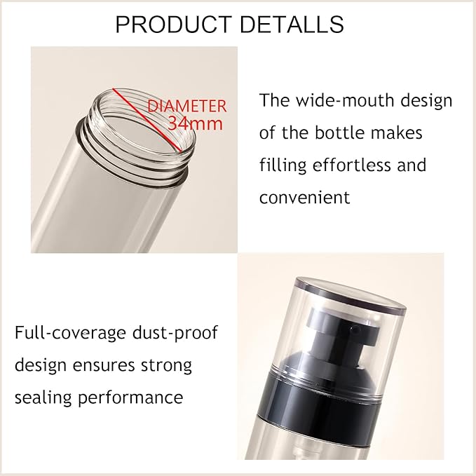 Wide Caliber airless Vacuum Pump Bottle, Reusable Cosmetics Pump Dispenser, DIY Easy Canned, Translucent Black Travel Size can be Packaged Separately Shampoo Light Lotion, etc. (1.7/oz, 4 Packs)