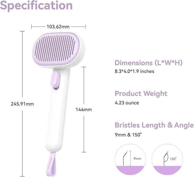 aumuca Cat and Dog Grooming Brush for Shedding, Removes Loose Fur from Long or Short Haired Pets - Ideal for Cats, Kittens, Rabbits, and More - Purple | Self Cleaning Pet Brush for Long or Semi-Short Haired Cats, Removing Loose Fur & Tangles and Massage