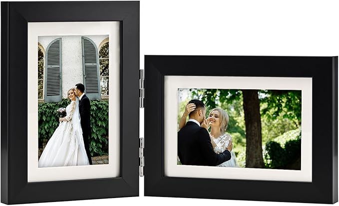 Double Hinged 4X6 Picture Frame with Real Glass-Tabletop or Wall Mounted, Display for 3X5 & 4X6 Photos (with/without Mat)-Classic Black, For Family Photos & Wedding Memories-H4664