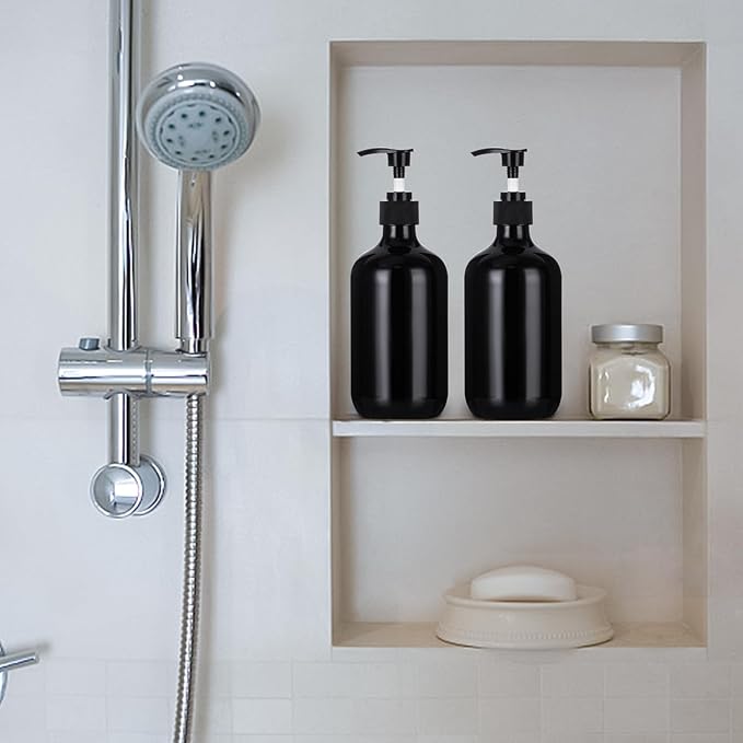 Yebeauty Pump Bottle Dispenser, 17oz 500ml Empty Plastic Shampoo Conditioner Dispenser, Refillable Shower Soap Dispenser Pump Bottle Liquid Containers for Kitchen Bathroom, 2 Pack Black