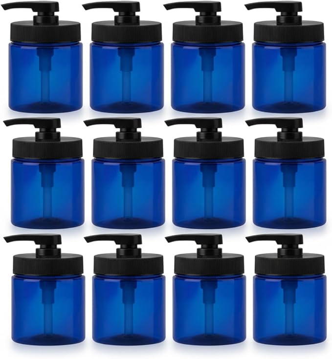Royal Massage 16oz Refillable Pump Jar with Locking Dip Tube Dispenser – BPA-Free Plastic Container for Massage Oils, Lotions, Creams – Ribbed Lid Wide-Mouth Jar – Durable & Reusable (Blue/Black, 12)