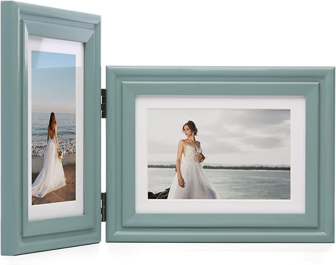 Vertical & Horizontal 5X7 Picture Frames Double Hinged Wood Folding Photo Frames with Real Glass Front Fit for Desktop or Tabletop Display Pictures 4x6 with Mat or 5x7 Without Mat, Teal Blue
