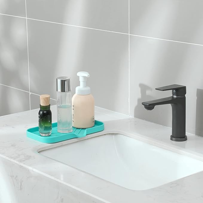 Silicone Bathroom Soap Dishes with Drain Spout-Bathroom and Kitchen Sink Organizer,Sponge Holder,Dish Soap Tray,Perfect for Dispenser,Scrubber,Bottle,Cup on Sink or Counter-Mint 9.6"×5.3"