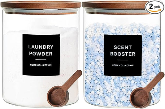Glass Laundry Storage Containers with Acacia Lids and Scoops, 2 Pack Laundry Room Organization Jars with Labels, Powder Detergent Organizer and Laundry Pod Holder, Glass Laundry Beads Canisters Set