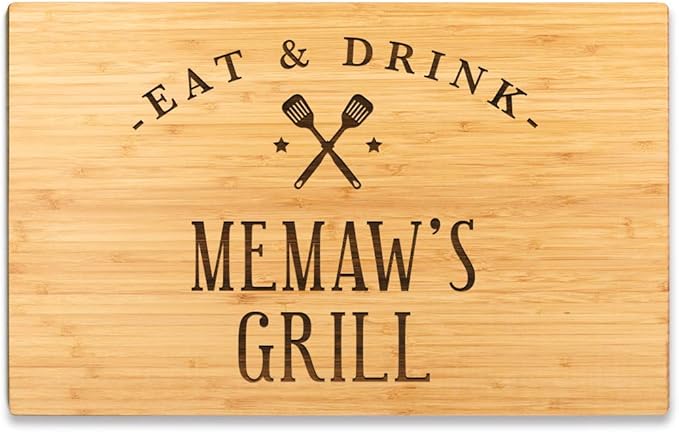 Andaz Press Large Bamboo Wood BBQ Cutting Board Gift, 17.75 x 11-inch, Memaw's Grill, 1-Pack, Laser Engraved Serving Chopping Board Christmas Birthday Chef Kitchen Ideas