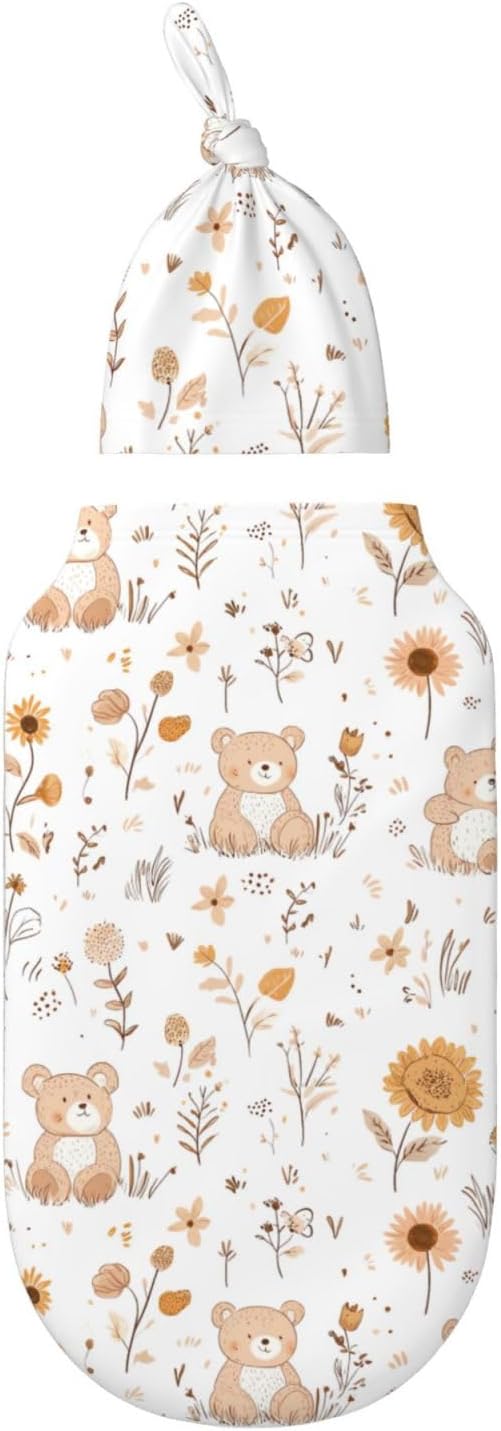 Newborn Swaddle Blankets and Hat Set Soft Cotton Baby Swaddle Wrap Warm Infant Receiving Blanket Cute Bear