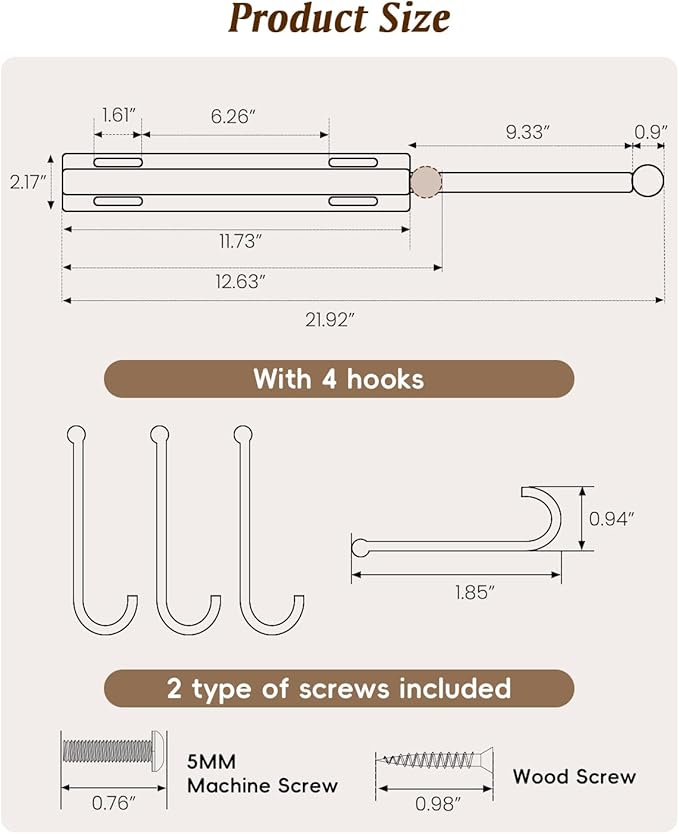 Valet Rod for Closets, 12" Valet Rod With 4 Hooks, Closet Organizer Slide Out Clothing Hanger Rods Extender Perfect for Suits,Dresses,Belt,Tie, Black